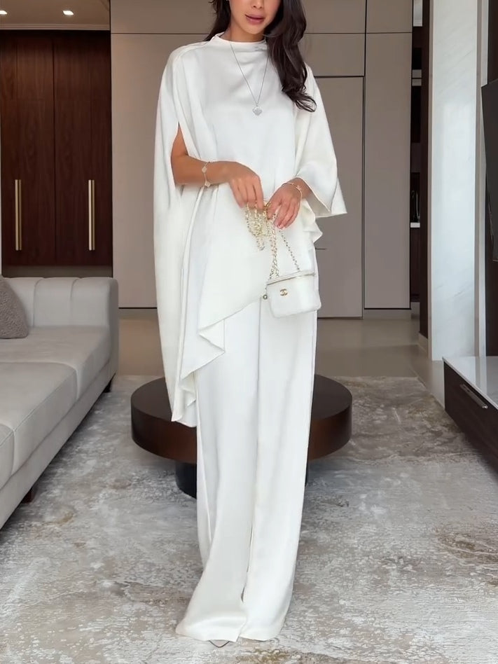 White Satin Irregular Top And Pants Two-piece Set