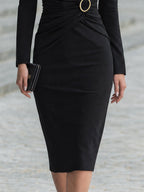V-Neck Gold-Tone Ring Ruched Midi Dress
