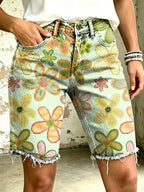 Women's Vividly Floral Art Print Casual Denim Shorts