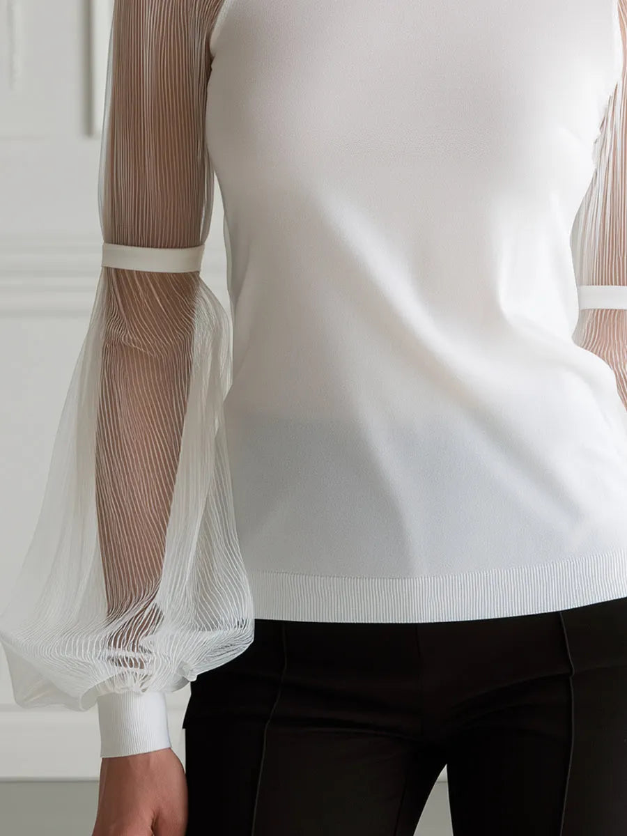 Mock-Neck Sheer Pleated Balloon Sleeve Knit Top