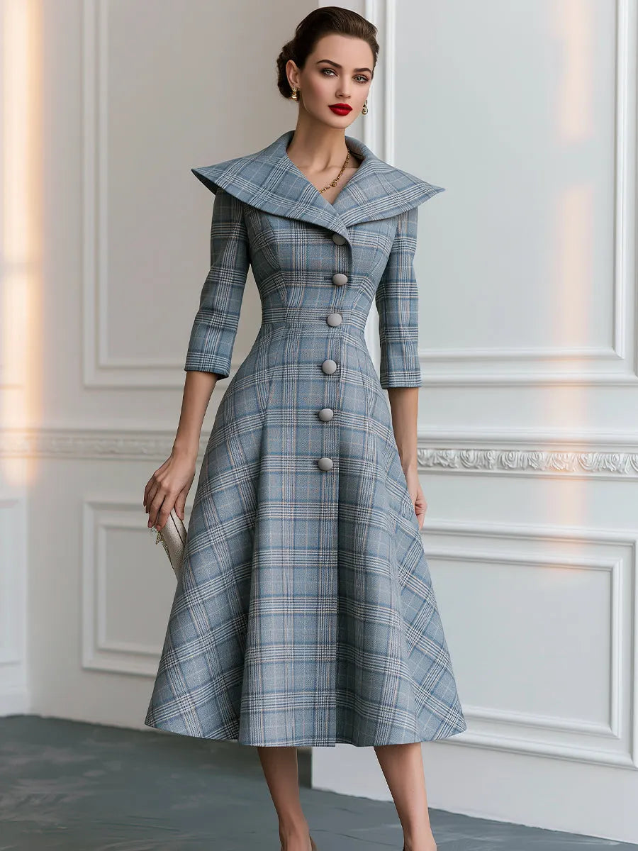 Plaid Portrait-Collar Button-Front A-Line Midi Dress