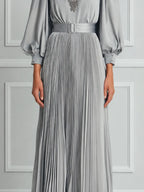 Silver Grey Pleated Maxi Dress With Lace Paneling And Puff Sleeves