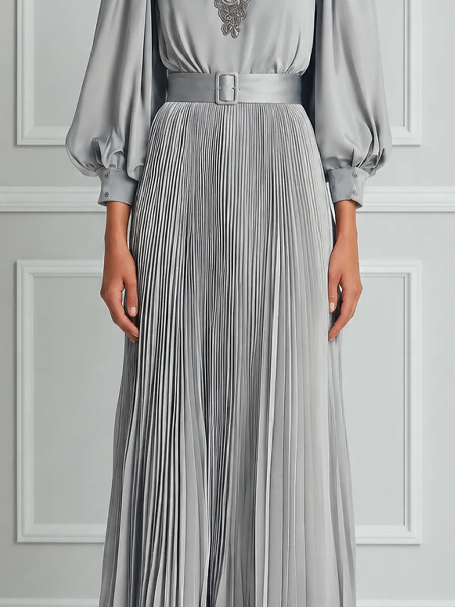 Silver Grey Pleated Maxi Dress With Lace Paneling And Puff Sleeves