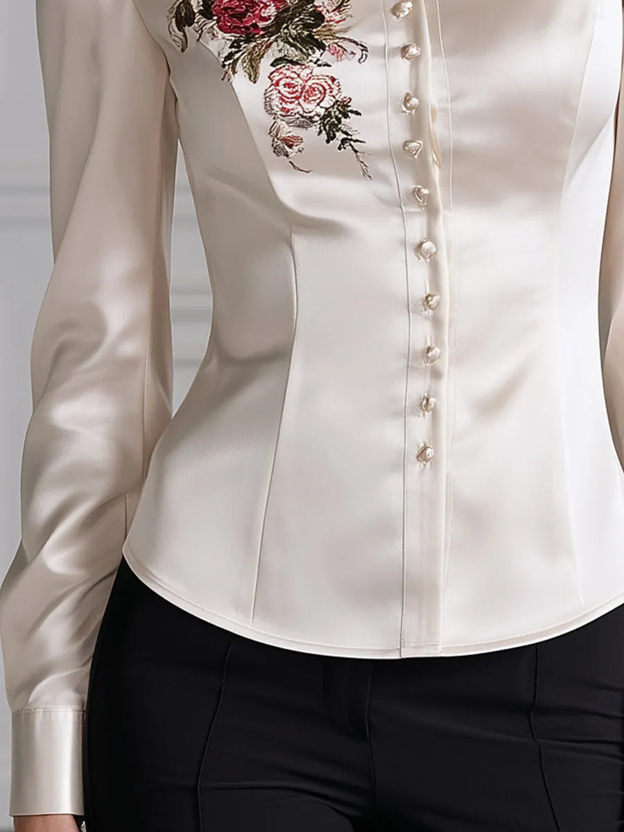 Floral Embroidered Mandarin Collar Satin Shirt