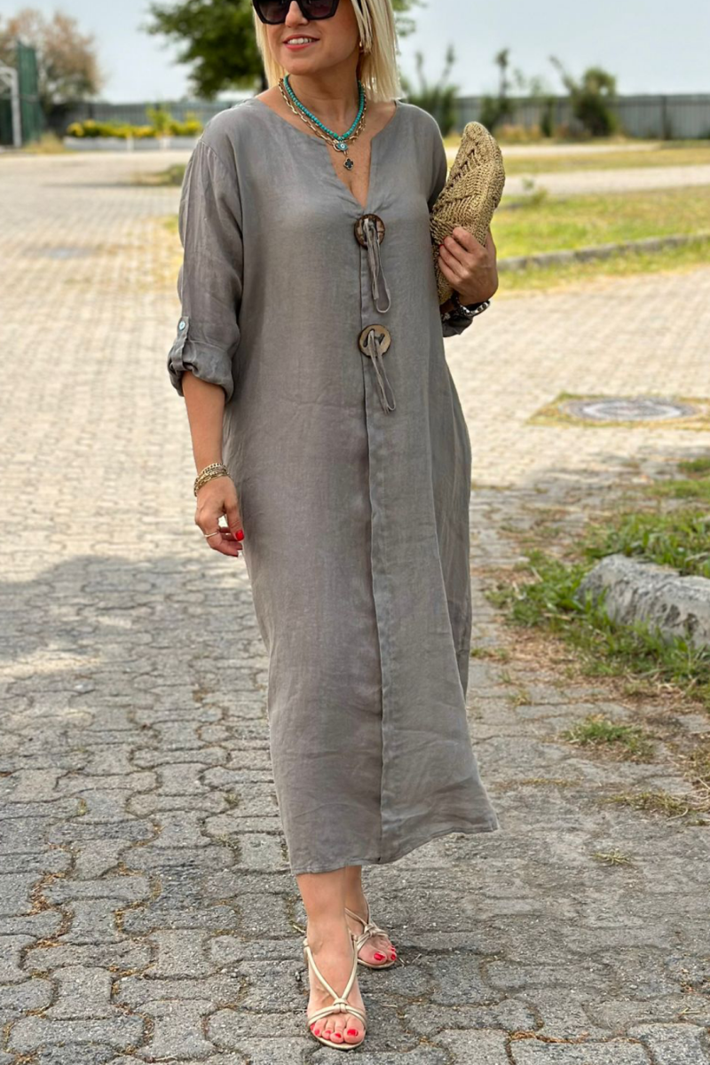 V-neck Button Detail Cotton And Linen Dress