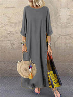 Women's Retro Floral Contrast Button Patchwork Cotton And Linen Casual Dress