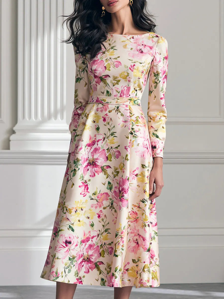 Watercolor Floral Print Satin High Waist A Line Midi Dress