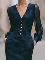Pinstripe Sheer Sleeve Two-Piece Tailored Set