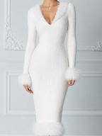 White Dress Stockholm Style Ribbed Knit Feather Trim Midi Dress