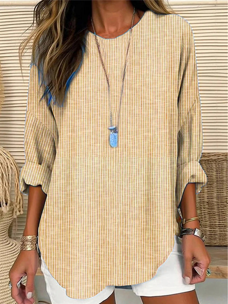 Vintage Striped Crew Neck Linen Blend Tunic