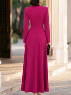 Pleated Draped Long Sleeve A-Line Maxi Dress