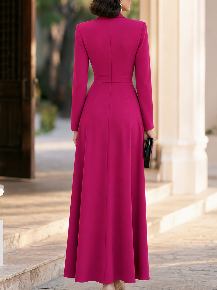 Pleated Draped Long Sleeve A-Line Maxi Dress