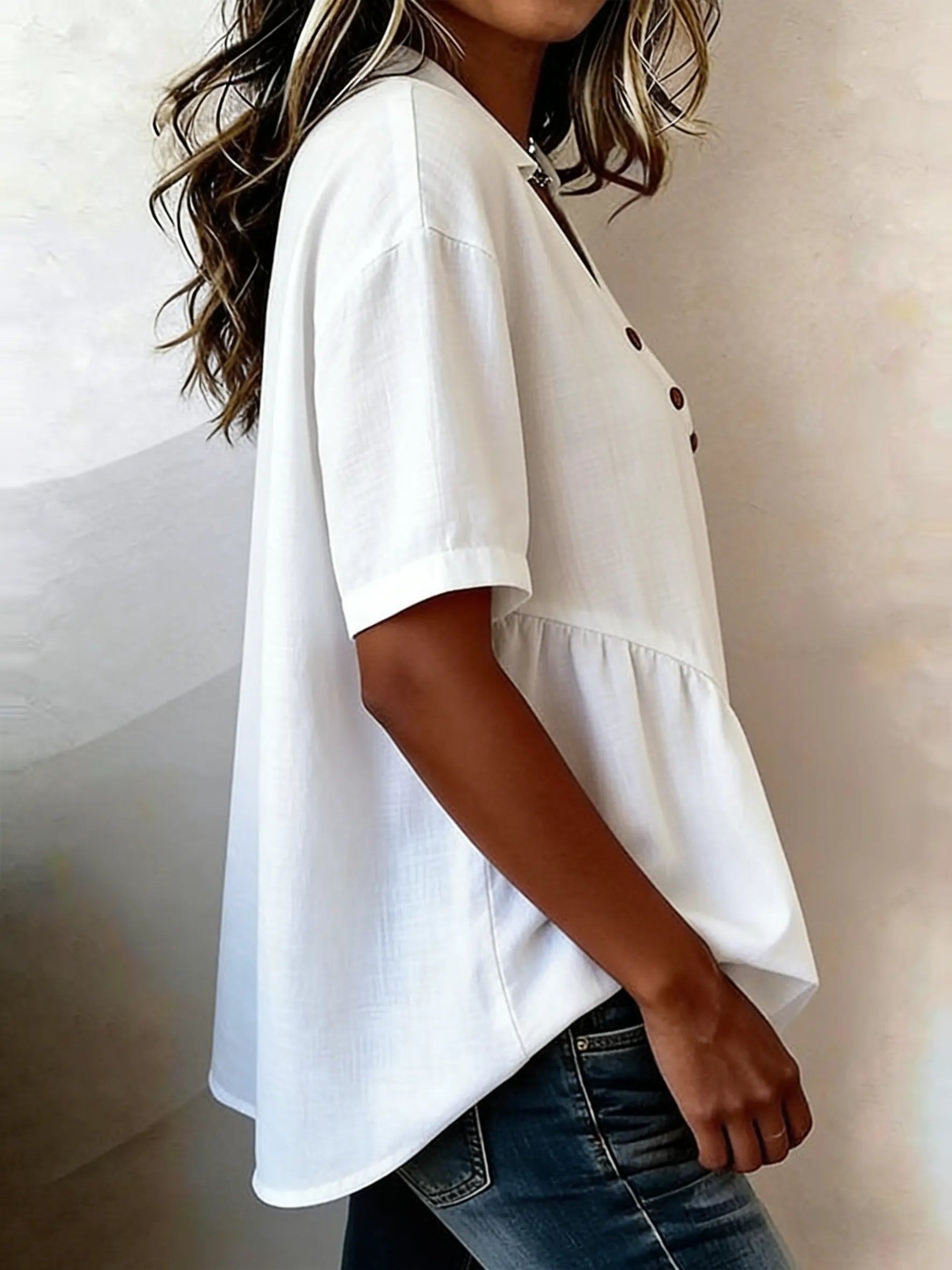 Casual Buttons Ruffled Hem Cotton-linen Shirt Top