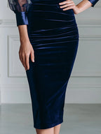 Organza Puff Sleeve Satin Velvet Bodycon Midi Dress