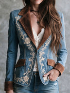 Vintage Cowboy Suede Lapel Floral Embroidery Denim Jacket