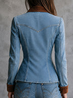 Vintage Cowboy Suede Lapel Floral Embroidery Denim Jacket
