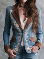 Vintage Cowboy Suede Lapel Floral Embroidery Denim Jacket