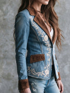 Vintage Cowboy Suede Lapel Floral Embroidery Denim Jacket