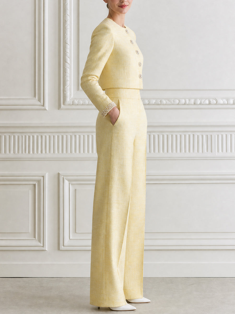 Tweed Jewel Button Crop Jacket & Wide Leg Pants Two-Piece Set