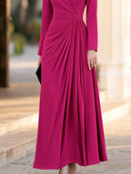 Pleated Draped Long Sleeve A-Line Maxi Dress