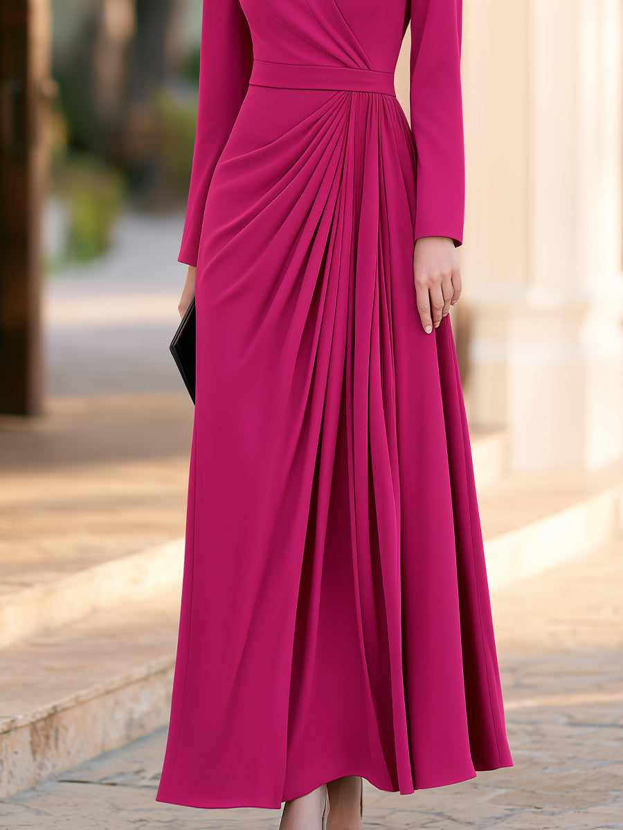 Pleated Draped Long Sleeve A-Line Maxi Dress