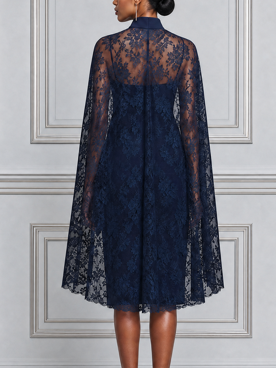 Navy Lace High Neck Keyhole Pencil Dress