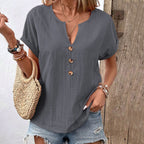 Women's Solid Color Button Linen V-neck T-shirt