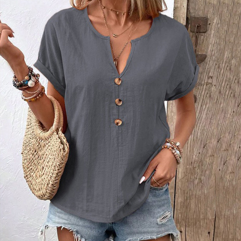 Women's Solid Color Button Linen V-neck T-shirt