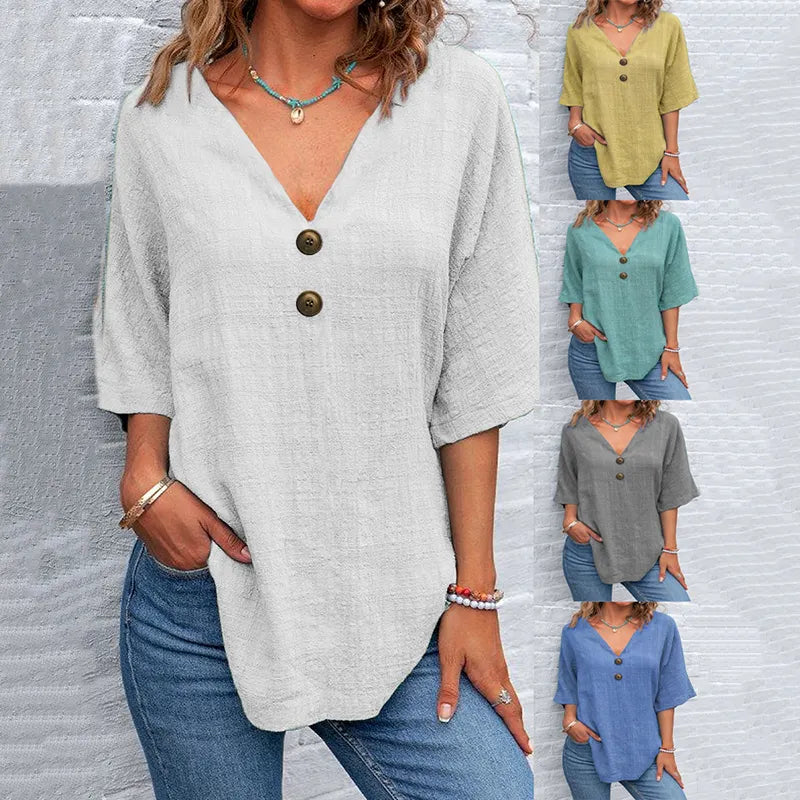 Women's Solid Color Button Linen V-neck T-shirt