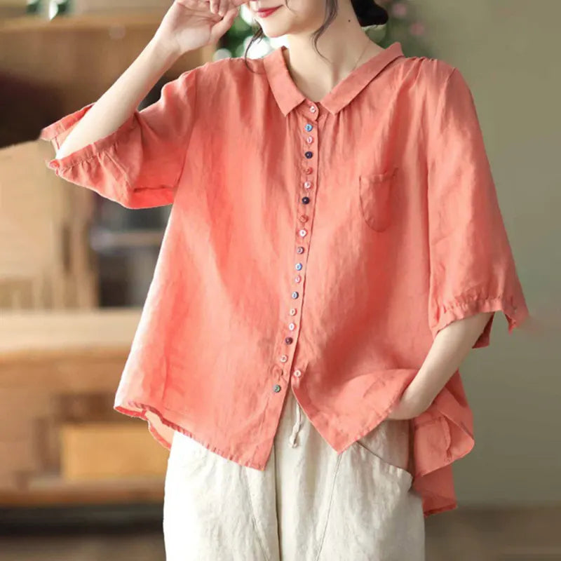 Vintage Colored Buttons Cotton Linen Solid Comfy Blouse