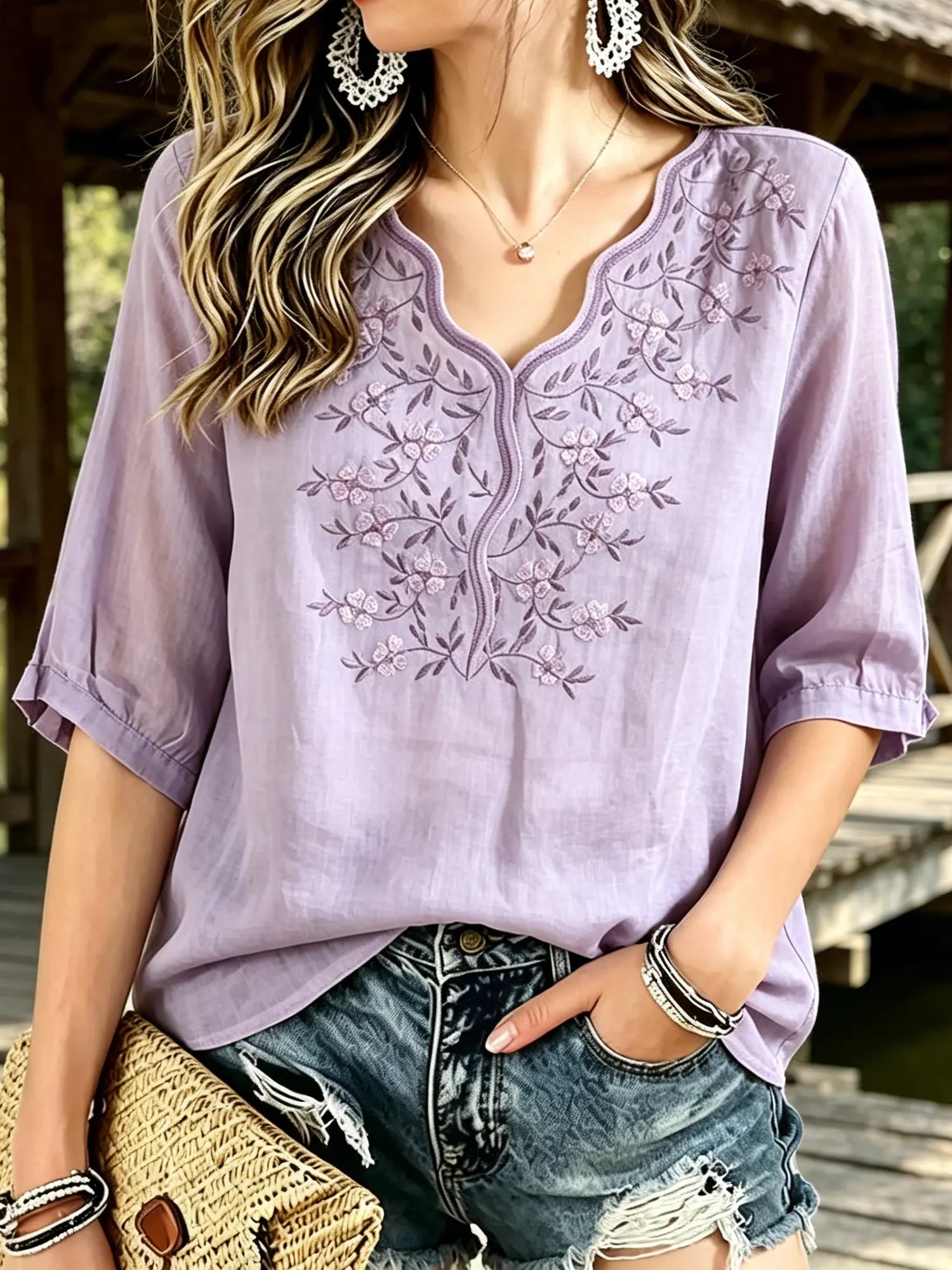 Women's Solid Tiny Floral Embroidered Scallop Neck 3/4 Sleeve Top