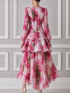 Pink Watercolor Floral Print Wrap Front Ruffle High Low Chiffon Midi Dress