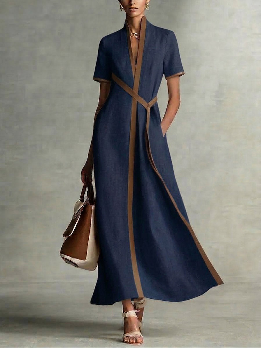Women's V-neck Short-sleeve Casual Loose Cotton-linen Dress