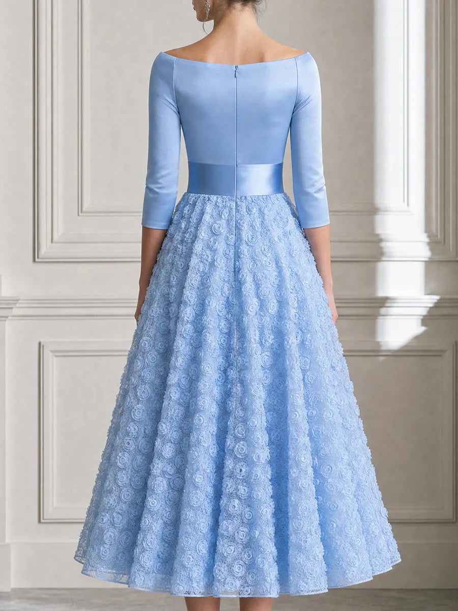 Off Shoulder Bodice 3D Floral Tulle A-Line Midi Dress