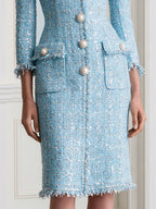 Elegant Sparkle Tweed Pearl Buttons Midi Dress