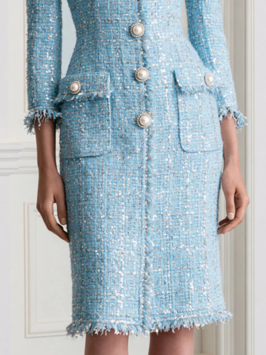 Elegant Sparkle Tweed Pearl Buttons Midi Dress