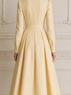 Pale Yellow Pointed Collar Long Sleeve Crystal Belted Pleated A-Line Shirt Midi Dress
