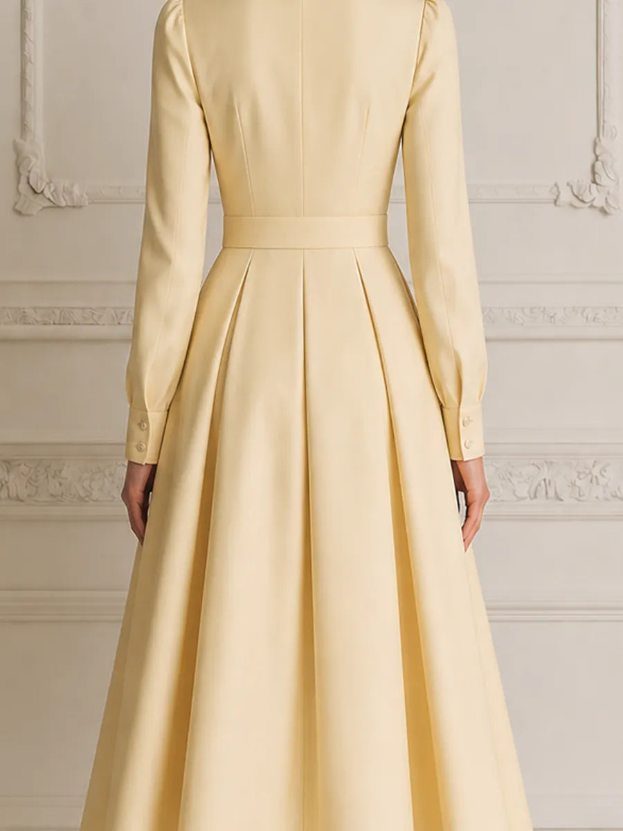 Pale Yellow Pointed Collar Long Sleeve Crystal Belted Pleated A-Line Shirt Midi Dress