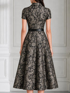 Collared Short Sleeve Paisley Jacquard Midi Dress
