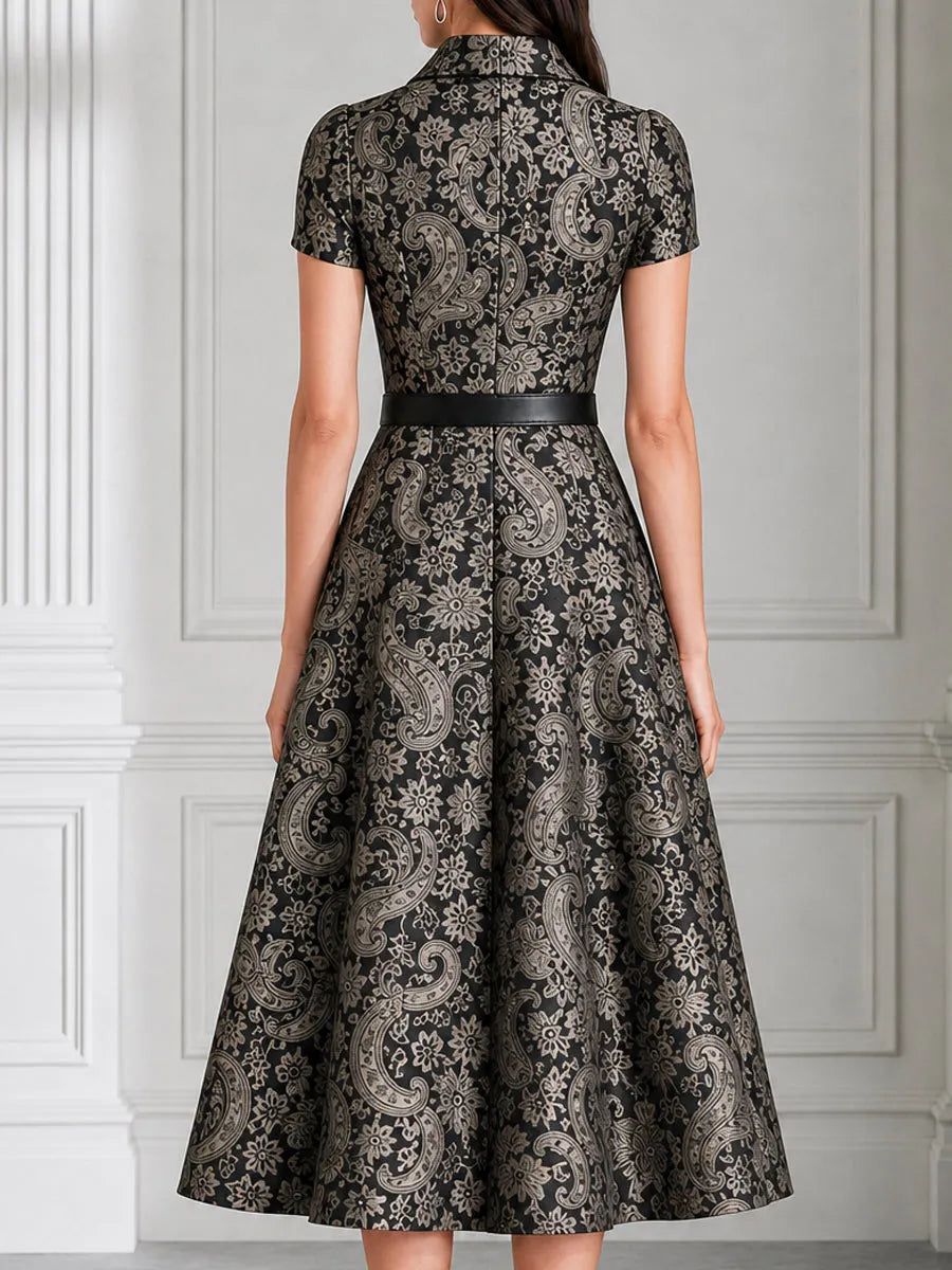 Collared Short Sleeve Paisley Jacquard Midi Dress