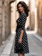 Polka Dot Print Bow-Waist Sheath Dress With 3/4 Sleeves