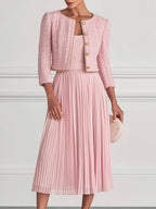 Pink Tweed Cropped Jacket & Pleated Midi Dress Set