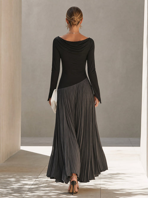 Black And Gray Two-tone Patchwork Draped Neckline Pleated Maxi Dress