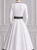 White Dress Contrast Trim Bow Belt A-Line Midi Dress