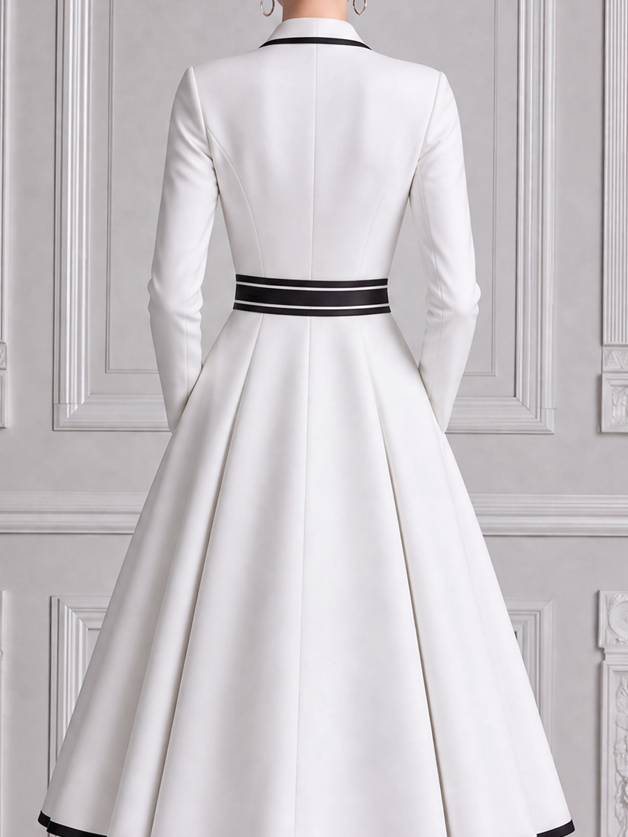 White Dress Contrast Trim Bow Belt A-Line Midi Dress