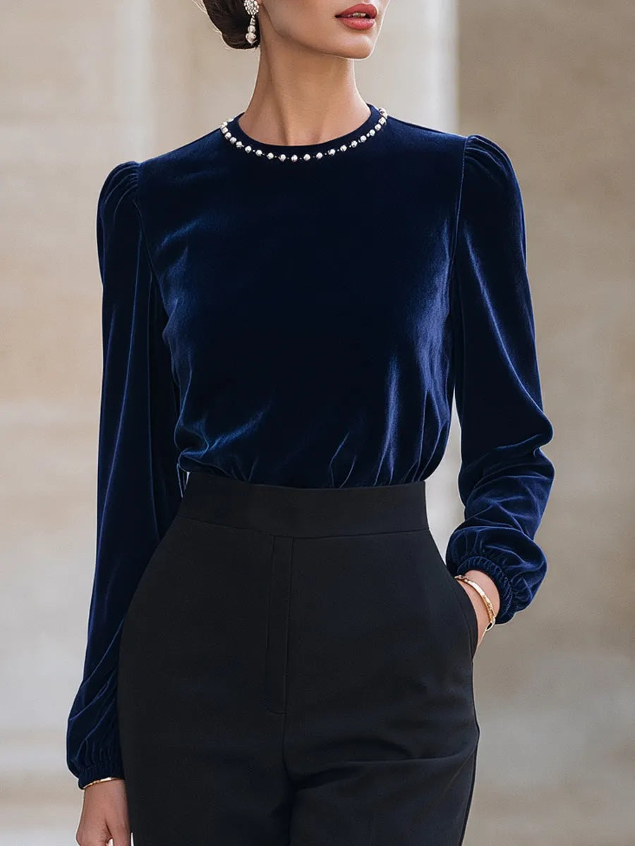 Beaded Neckline Velvet Gathered-Shoulder Top