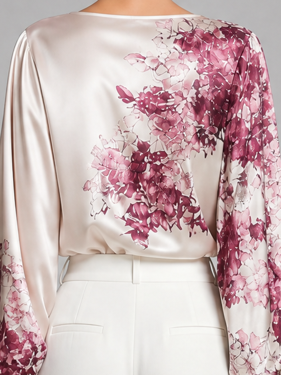Ivory Floral Satin Lantern-Sleeve Shirt