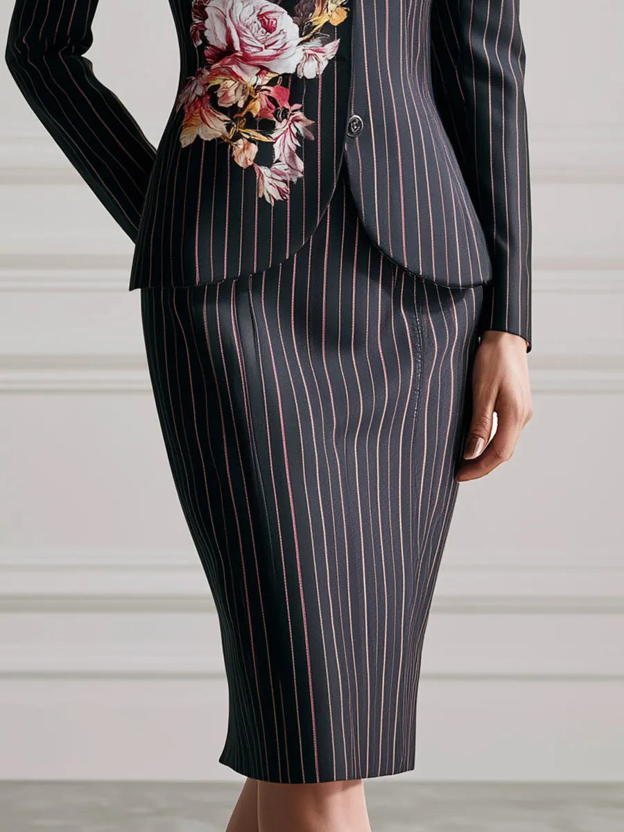 Floral Pinstripe Tailored Blazer And Pencil Skirt Set