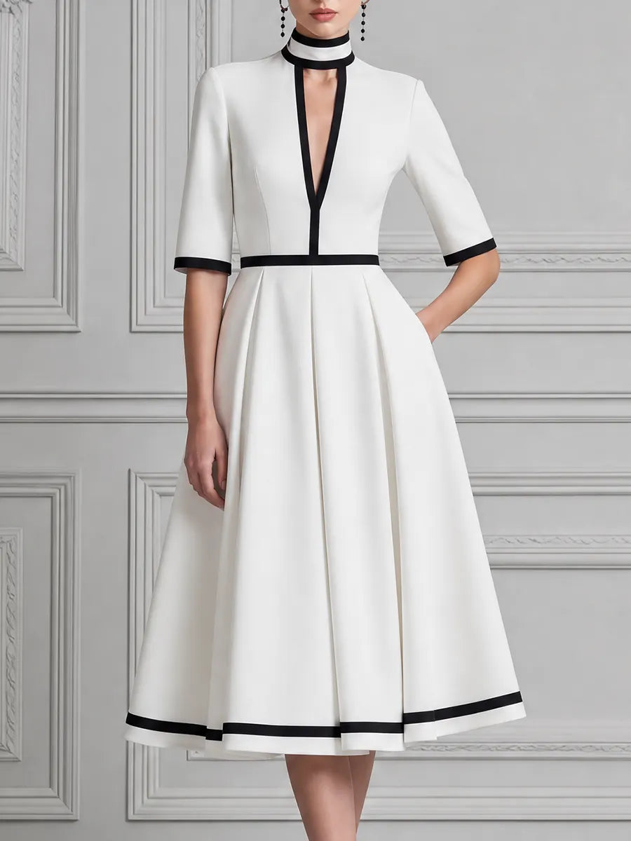 White Dress Contrast Trim Pleated A-Line Midi Dress