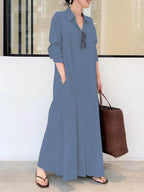 Women's Solid Color Casual Loose Elegant V-Neck Cotton And Linen Pocket Shirt Dress
